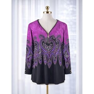 New Bob Mackie Wearable Art Popover Top Vibrant Pink Black V Neck Women's 1x